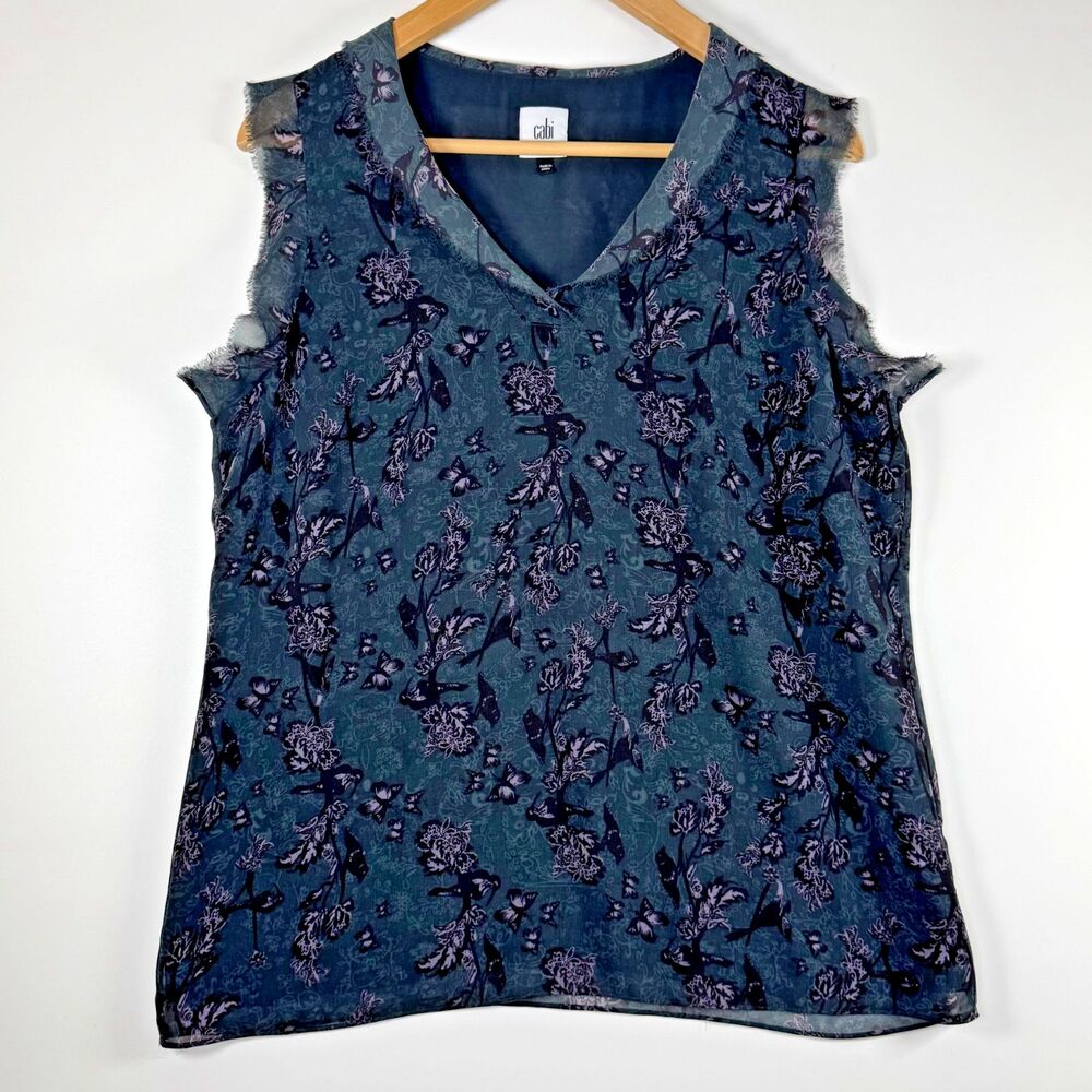Cabi Womens Sleeveless Blouse Top Medium Green Purple Floral Sheer‎ Lined